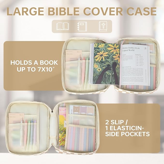 Bible Cover Case for Women Corduroy Bible Case for Girls Checkered Large Bible Cover with Handle Bible Study Supplies Accessories Christian Gifts for Women (Khaki, Medium)