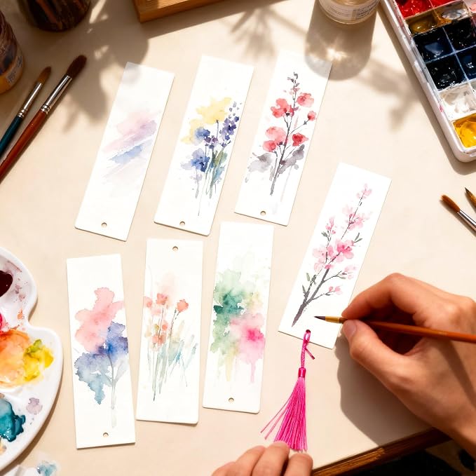 LOTMER 100 Pcs Watercolor Paper Blank Bookmarks with Colorful Tassels Book Marks Tassels DIY Kit Cotton Watercolor Paper Bookmarks with Hole for DIY and Gifts Tags 7.87x1.97 inch