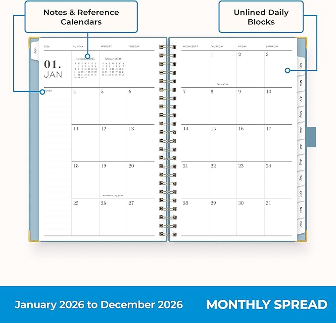 Blue Sky 2026 Weekly and Monthly Planner Calendar, January 2026 - December 2026, 5" x 8", Faux Leather Cover, Durable Twin Wire Binding, Storage Pocket, Laminated Tabs, Includes Pen Loop, Bungee, Ruler, Blue Haze