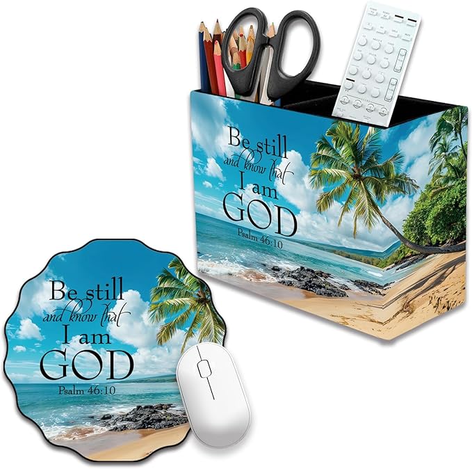 Pen Holder and Anti-Slip Mouse Pad Combination, Makeup Brush Storage Box, Tableware Storage Box, Suitable for Office and Home - Beaches and Palm trees