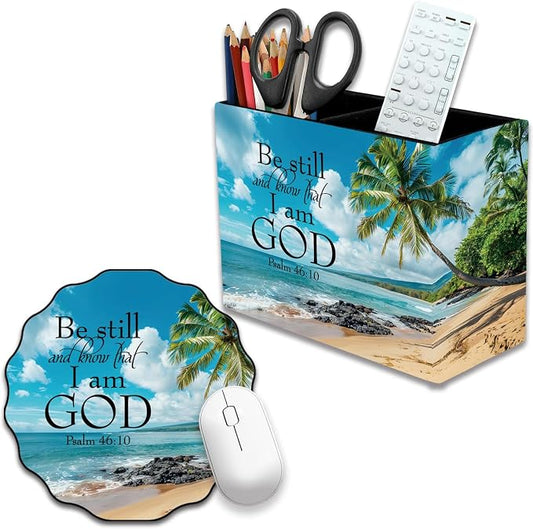 Pen Holder and Anti-Slip Mouse Pad Combination, Makeup Brush Storage Box, Tableware Storage Box, Suitable for Office and Home - Beaches and Palm trees