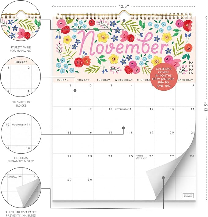 S&O Five Color Floral Wall Calendar from January 2026-June 2027 - Tear-Off Monthly Calendar - 18 Month Academic Wall Planner - Hanging Organizer to Track Anniversaries & Appointments - 13.5"x10.5”in