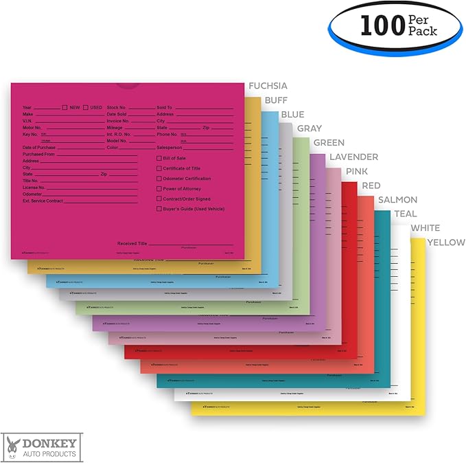 Printed Vehicle Deal Envelopes 9x12 Deal Jackets (100 shrink wrapped) (Fuchsia)