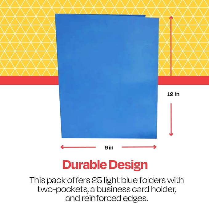School Smart Extra-Large Folders with Pockets, 9 x 12 Inches, Light Blue, Pack of 25