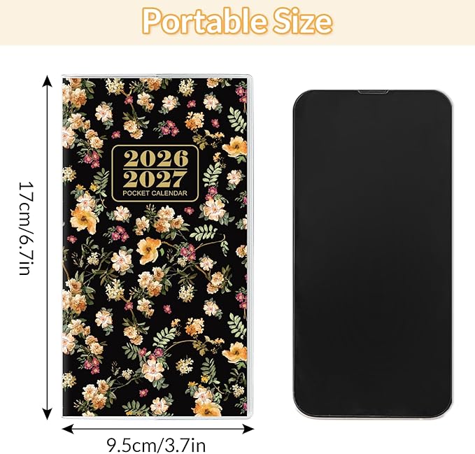 Pocket Calendar 2026-2027, Monthly Purse Planner - 6.7" x 3.7" - Runs from January 2026 Until December 2027, Pocket Calendar with PVC Cover for Planning, Organizing and Office - Black Flower