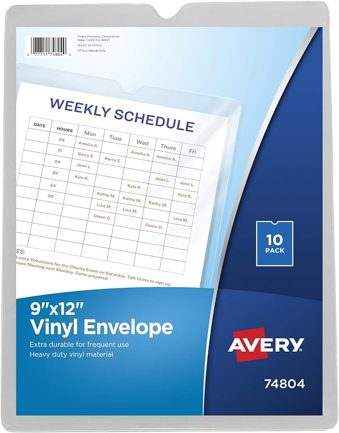 Avery File Envelopes, 9" x 12" Travel Document Organizer, Holds up to Sheets, 10 Clear Vinyl Envelopes (74804)