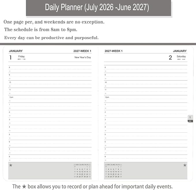 Daily Planner 2026-2027, Academic Calendar(July 2026 - June 2027) - One Page Per Day, Daily Monthly Agenda, 5.7" x 8.3" Appointment Book with Hourly Schedule and Monthly Tabs (Black)