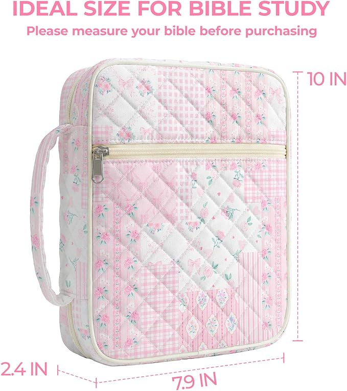 shirabags Quilted Bible Cover Case for Women - Elegant Cotton Bible Bag for Study, Church, Christian Gifts for Women (Pink Floral Bow Patchwork, M)