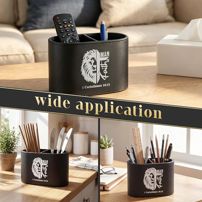 Dunzoom Gift for Father's Day Christian PU Leather Pen Holder for Desk, Bible Verse Pencil Cup Organizer, Religious Gift for Men, Pastor, Dad, Office Decor(Man of Faith)