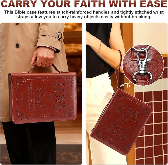 IVGHV Leather Bible Cover for Men, Premium PU Leather Bible Cover Case for Women Large, Church Bag, Carrying Book Case, Bible Book Cover with Handle&Zippered Pocket, Bible Bag for Men & Women (Brown)
