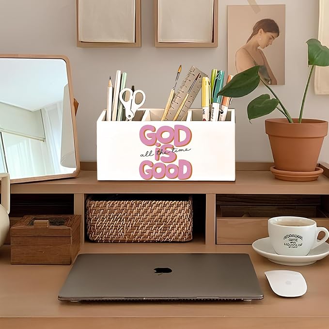 Pink Christian Pen Holder, Christian Gifts for Women Pencil Holder for Desk, God Is Good Bible Verse Preppy Wooden Box Sign Decorations for Girly Room Bedroom Dorm Desk Tabletop