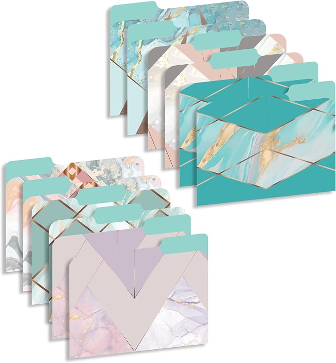 Decorative File Folders 1/3 Cut Tab, 12 Pack Marble Design, Heavyweight Laminated Letter Size (9.5” x 11.5”), Stylish Fashion File Folders for Home, Office & School Organization (Gold Marble)