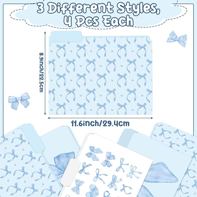 Xqumoi 12Pcs Coquette Blue Bow File Folders, Letter Size Bowknot Decorative File Pockets with 1/3 Cut Tab Pretty Colored Folders for Office Home Classroom Supplies Documents Paper, 8.9 x 11.6 Inch
