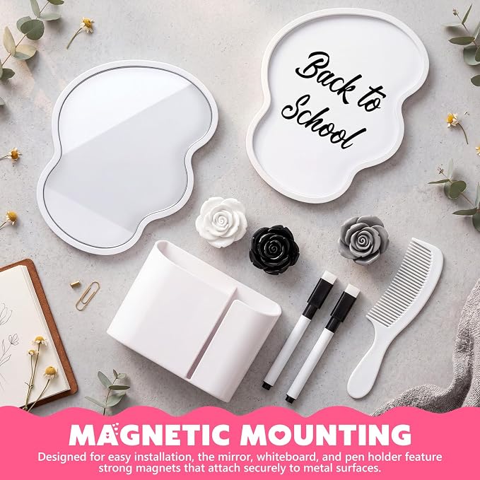 Sabary 10 Pcs Locker Accessories Kit Locker Decorations Supplies Including Magnetic Whiteboard Mirror Organizer Markers Rug Cute Flower Magnets and Comb for Office Back to School Essentials(White)