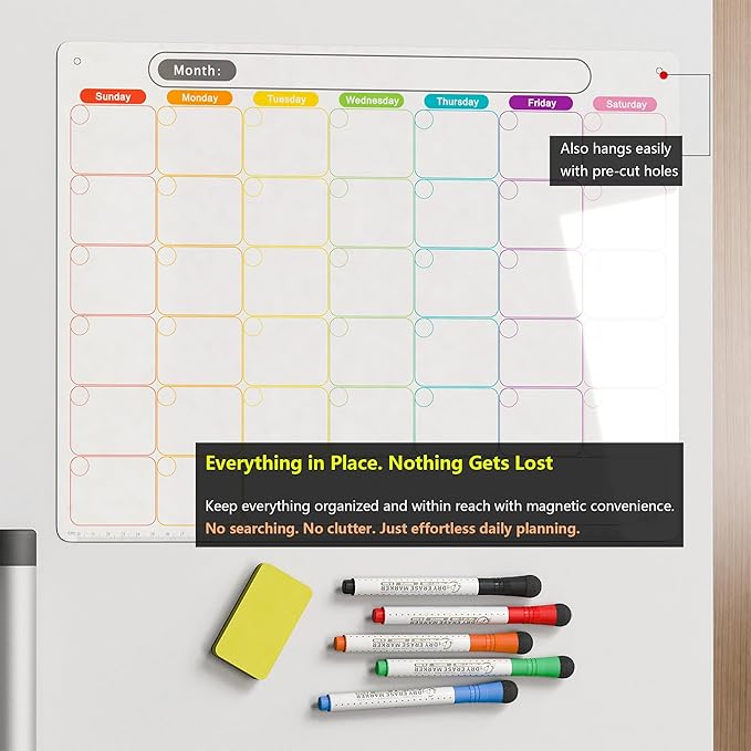 Magnetic Calendar for Fridge, Dry Erase Monthly Calendar, 16.9" x 13", 6-Week Layout, Easy to Clean, Strong Magnetic Hold, Color-Coded Planner, Includes Dual-Magnet Markers & Eraser