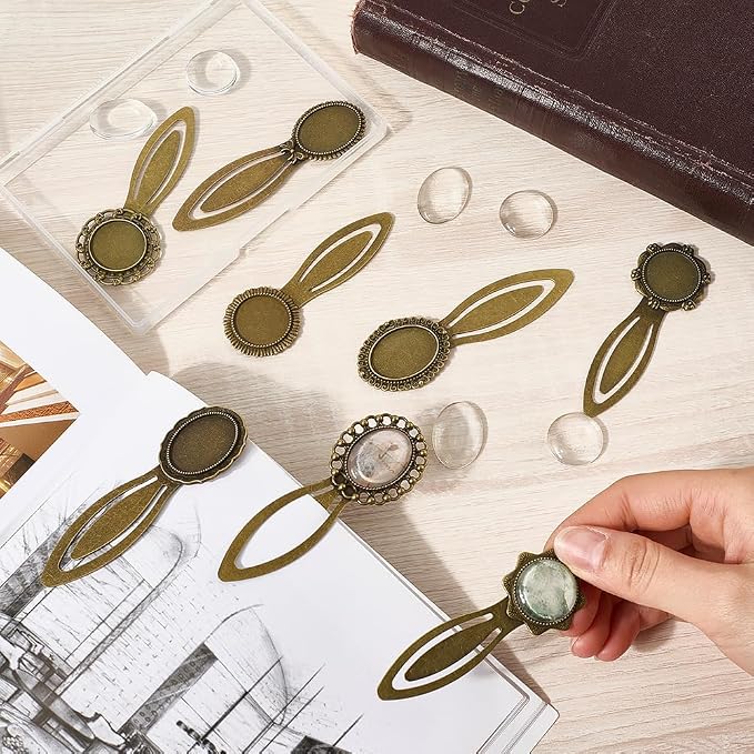 SUNNYCLUE 1 Box 8 Sets Bronze Bookmarks Cabochon Tray Bookmark Alloy Metal Include Books Read Blank Photo Transparent Marks Kit Bezels for Jewelry Making Charms Book Reading DIY Supplies Women Adults