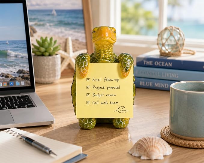Sea Turtle Sticky Note Holder with 100 Sheets 3x3 Pop-Up Notes, Handmade Resin Sea Turtle Desk Decor for Office, Home & Classroom, Coastal Beach Gift for Women, Teachers & Ocean Lovers - Green