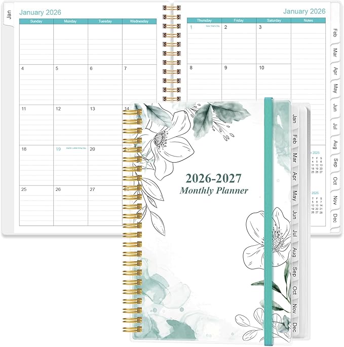 2026-2027 Monthly Planner - January 2026 - June 2027, Two Pages Per Month, 18 Monthly Calendar/Planner with Tabs, Inner Pocket, 6.4" x 8.5", Teal Flowers