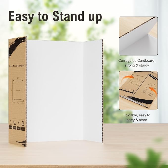 HAUTOCO 12 Pack Trifold Poster Board 26'' x 15.74'' Medium Tri Fold Project Boards White Corrugated Presentation Cardboard for Science Fairs, School Projects, Event Displays, Business