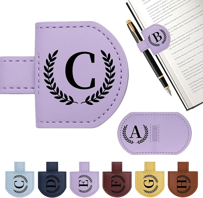 Personalized Magnetic Bookmark Pen Holder, Leather Book Marks for Reading Women& Men, Engraving 26 Letters Name Initial Bookmarks with Pencil Pen Holder, Gift for Book Lovers, Readers (Purple, C)