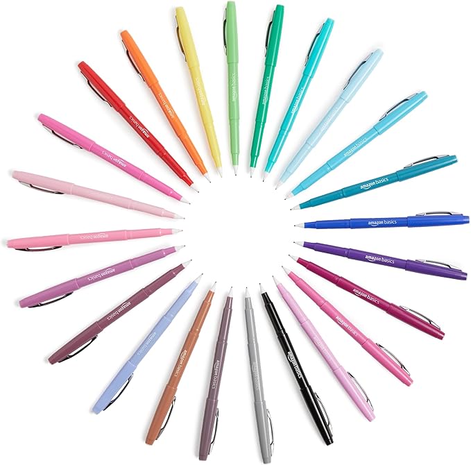 Amazon Basics Felt Tip Marker Pens, Assorted Colors, for Art Projects, Writing, Drawing, and Journaling, 12-Pack