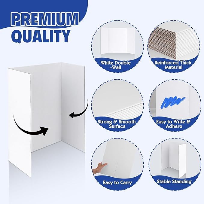 Trifold Poster Board,4 Pack 24" x 16" White Corrugated Poster Boards,Display Board,Perfect for School Projects, Science Fairs, Event Displays, and Business Presentations