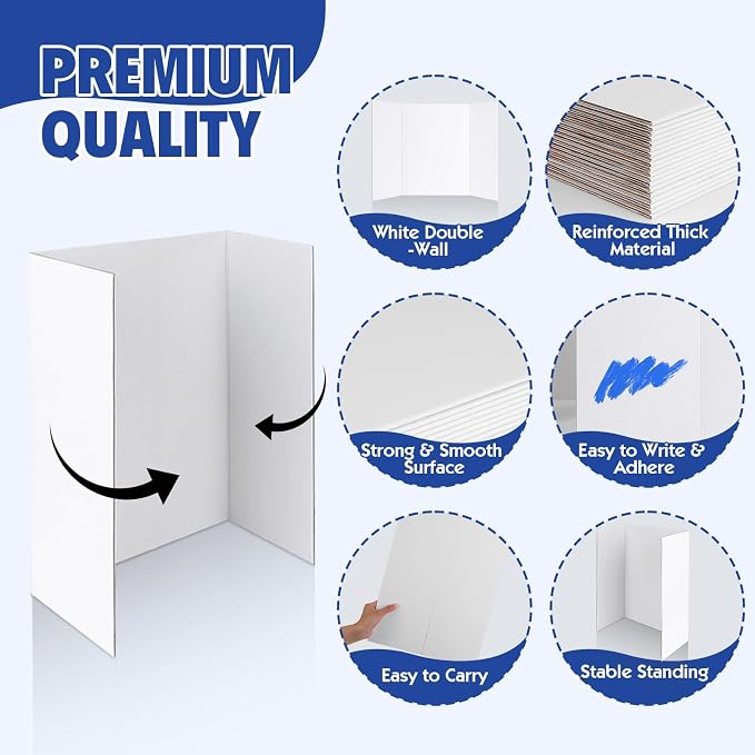 Trifold Poster Board,24 Pack 24" x 16" White Corrugated Poster Boards,Display Board,Perfect for School Projects, Science Fairs, Event Displays, and Business Presentations