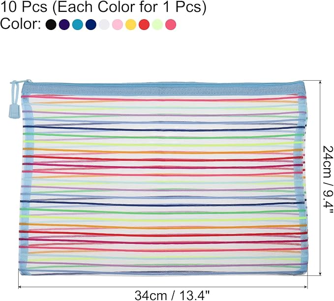 MECCANIXITY Mesh Zipper Pouches, A4 Pencil Case Document File Bags Storage Organizer for Office Supply Travel Accessory, Multicolor Pack of 10