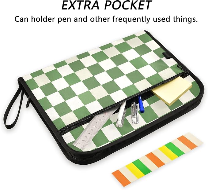 Expanding File Folder Green White Checkered Buffalo Plaid Accordion File Organizer 13 Pockets Document Organizer with Zipper Labels A4 Letter Office Storage