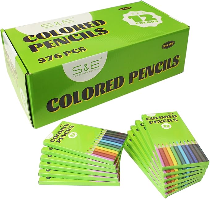 S & E TEACHER'S EDITION 576Pcs Colored Pencils, Pre-sharpened, coloring pencils Christmas Gifts 12 Colors, 12pcs/box, 48Boxes, Total: 576Pcs.