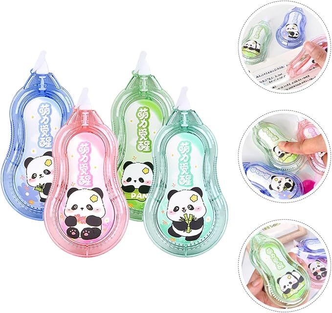 Ciieeo 4pcs Correction Tape for Students with Cartoon Panda Design, Portable Small Eraser Tape Set in Pink Blue Green and Cyan, Classroom and School Supplies for Daily Writing Correction