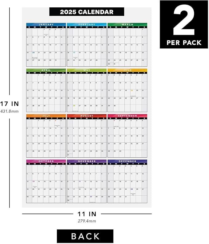 2025 Full Desk Calendar - 11 x 17” Large Size 12 Month Planner - 2 Sided Vertical and Horizontal Reversible - Printed on Thick & Durable 80lb Cardstock (216 gsm) - 2 Per Pack