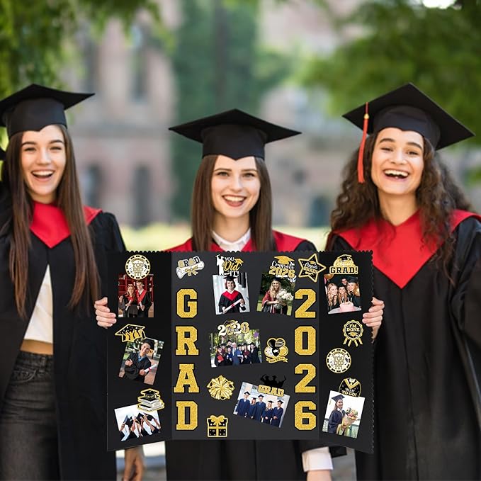 4 Set Graduation Photo Display Board, Class of 2026 Black Gold Trifold Poster Board with Grad Pattern Stickers, Graduation Photo Props Collage for Multiple Pictures Party Decorations, 16x24 Inch