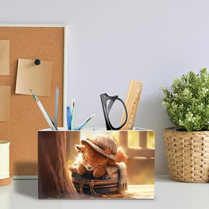Sleepy Highland Cow Pen Holder for Desk, Highland Cow Lover Gifts Pencil Organizer, Rustic Fluffy Heifer Wooden Box Sign Desk Decor for Girls Nursery Home Office Decoration