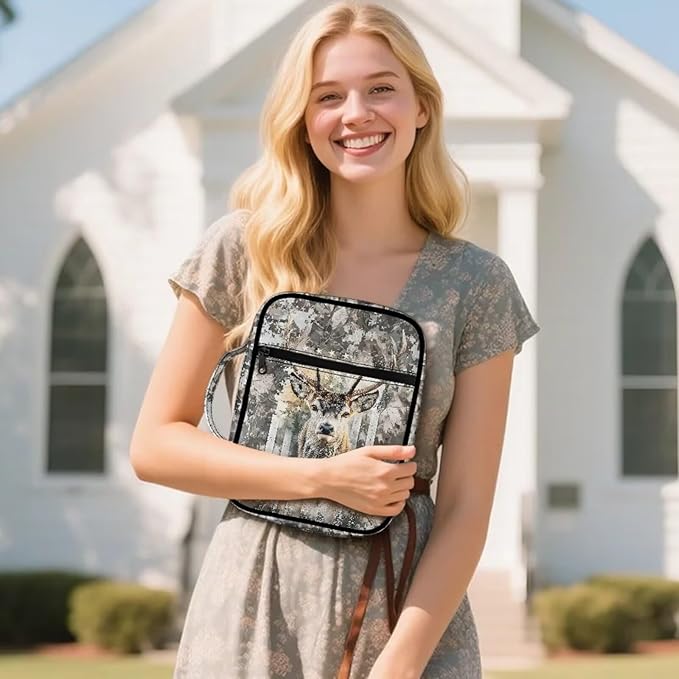 Suobstales Deer Hunting Camo Print Bible Covers for Women Men American Flag Design Lightweight Bible Bag Bible Accessories with Handle and Zippered Pocket Bible Tote Bag for Kids
