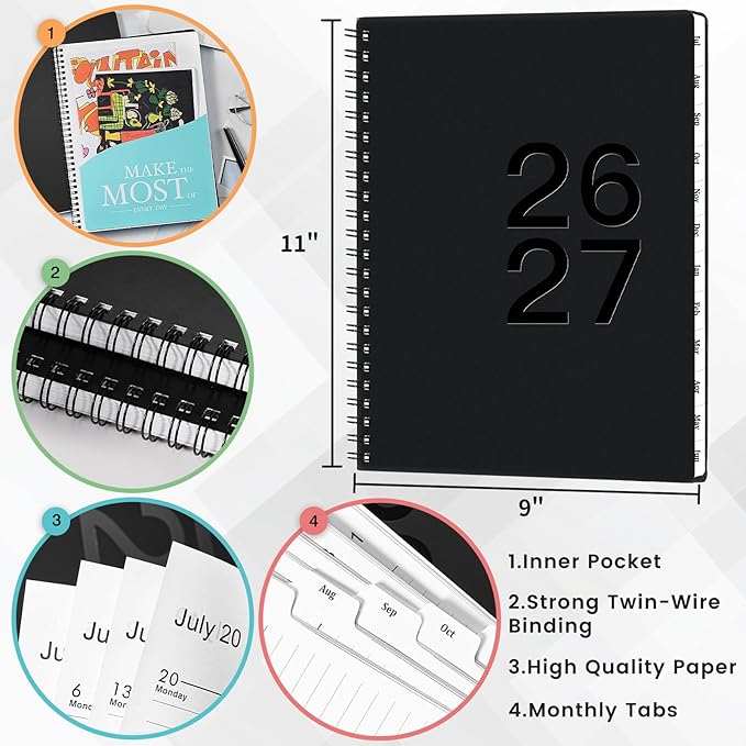 Planner 2026-2027 - Academic Planner 2026-2027, July 2026 - June 2027, 9" x 11" Planner Weekly and Monthly, Calendar Planner, Monthly Tabs, Twin-Wire Binding, Inner Pocket, Premium Paper, Classic Black