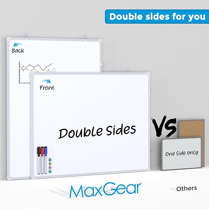 MaxGear White Board for Wall, 24" x 18" Double Sided Dry Erase Board, Magnetic White Board Hanging Whiteboard for Home, School, Office