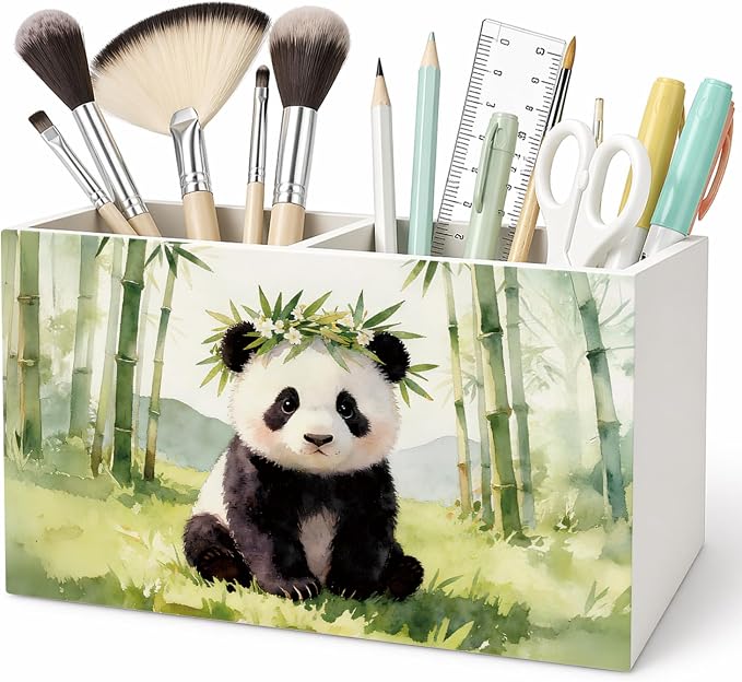 Panda Pen Pencil Holder for Desk Cute Panda Gifts for Women & Kids，Cute Wild Animal Wooden Box Sign Decorations for Kids Room Home Office Desk Tabletop