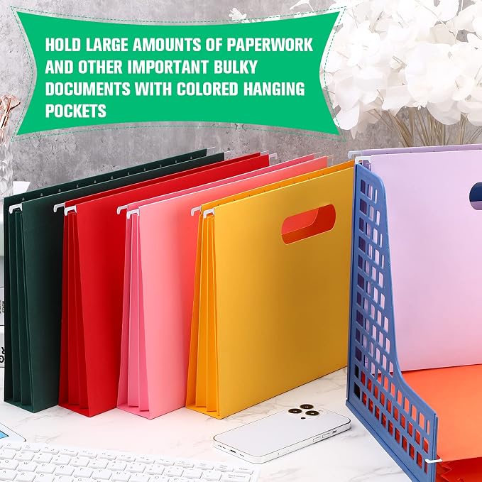 Tinlade 24 Pcs Hanging File Folders with Full Height Gusset Paper A4 Expanding Letter Size Hanging File Folders for Designed for Bulky Files Medical Charts (Stylish Color,Hole Style)