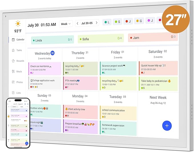 Digital Calendar, Smart WiFi Electronic Calendar&Chore Chart, IPS Touch Screen HD Display for Family Schedules, Share Moments Instantly from Anywhere (White, 27)