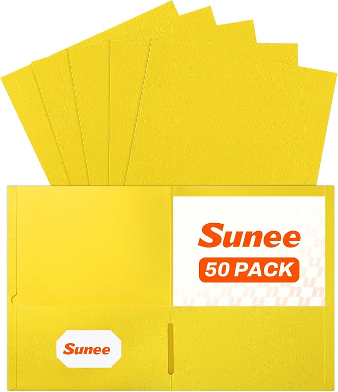 SUNEE Folders with Pockets, 50 Pack File Folders with Business Card Slot, Textured Paper, Fit Letter Size Paper, Paper File Folder for School Office Home Business, Yellow