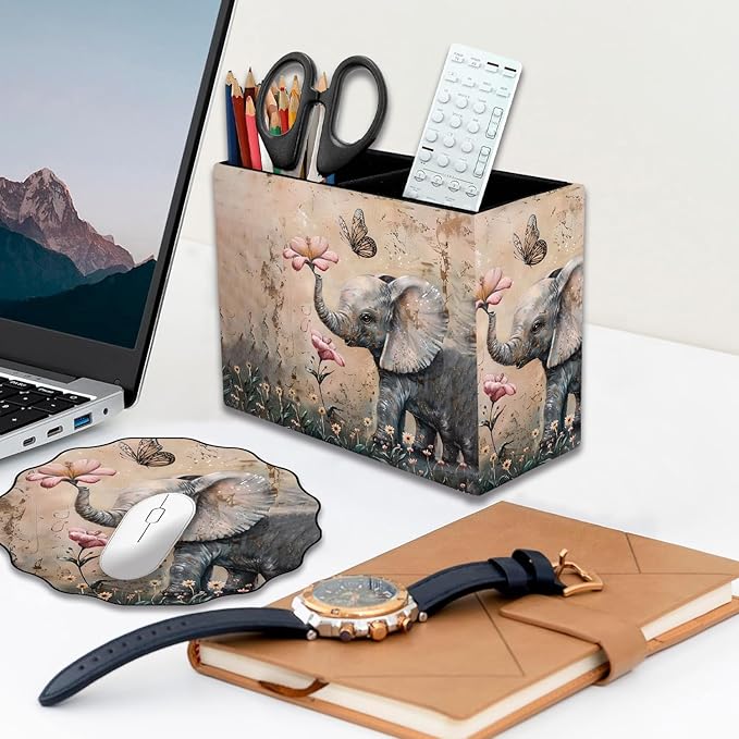 Pen Holder and Anti-Slip Mouse Pad Combination, Makeup Brush Storage Box, Tableware Storage Box, Suitable for Office and Home - Cute Little Elephant Flower