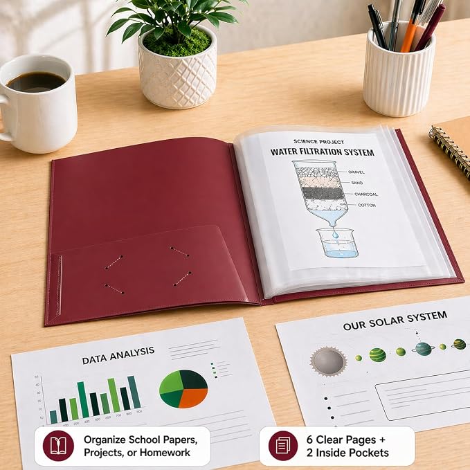Ultra PRO - 50 Pack Burgundy Heavy Duty 2-Pocket Folders with 6 Clear Internal Pages, Waterproof Poly Project Organizer for School and Office, Fits 8.5 x 11 Letter Size, Customizable Clear Covers