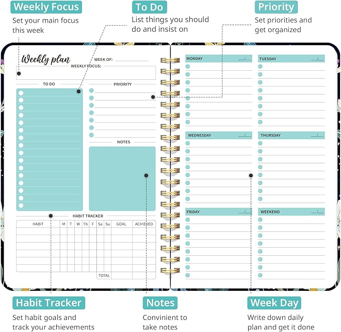 Taja Undated Weekly Planner, Weekly To Do List Notebook with Goal & Habit Tracker Organizer, A5 Weekly Planner Notebook with Spiral Binding, 6.1" x 8.2" - Celestial Garden