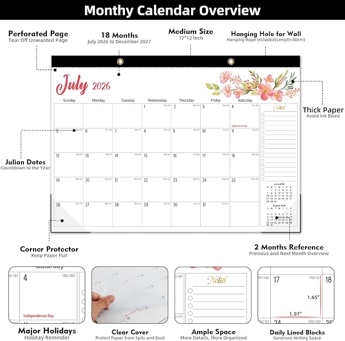 Tcamp Desk Calendar 2026-2027, 18 Months Desktop Calendar from July 2026 to December 2027, Large 17" x 12" Wall Calendar with Julian Dates, Desk Planner for Home School Office Desktop