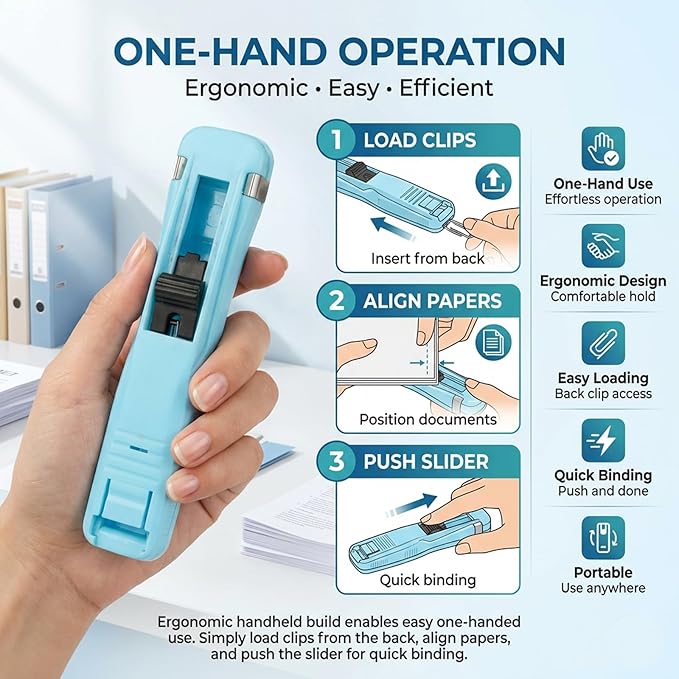 2026 New Portable Binder Clip Stapler, Includes 100 Reusable Clips, Handheld Paper No-Punch Folder, Mini Push Stapler Clamp Staplers for Home, School, and Office Document Binding (White)