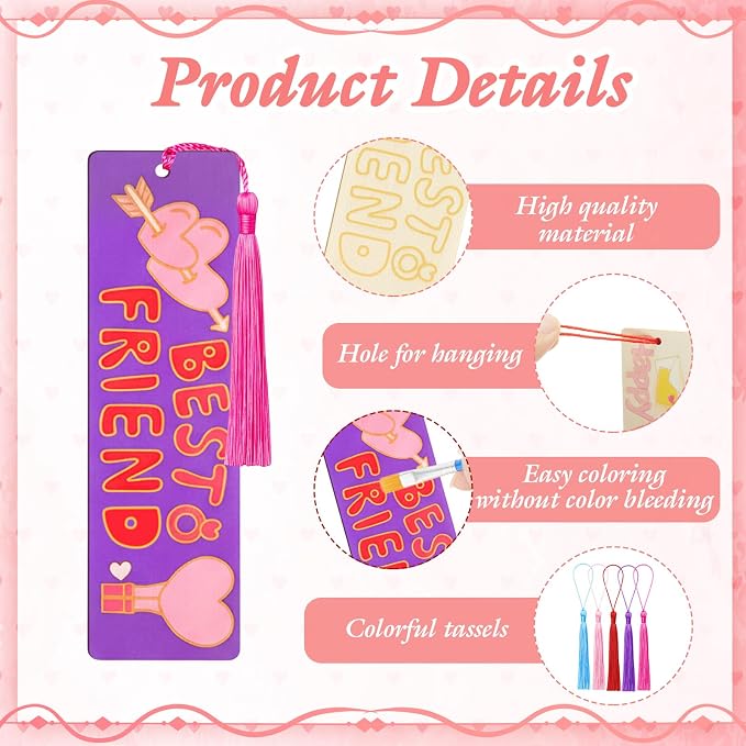 100 Pcs Valentine's Day Wood Bookmarks Bulk DIY Crafts Kit, 50 Set Blank Valentine Hearts Coloring Bookmarks with Tassel for Classroom Gifts Exchange Activity Reading Party Favor Reward Goodie Fillers