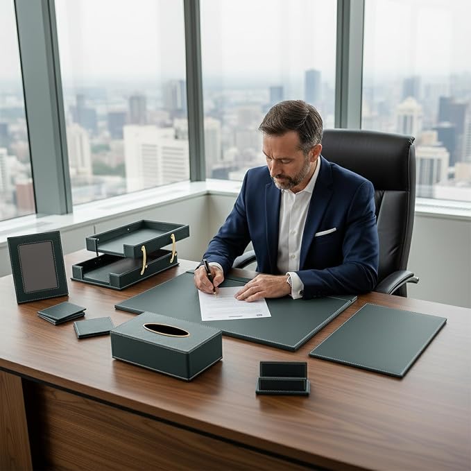 Leather Desk Set, 15-Piece Leather Desk Organizer, Executive Desk Organizer with Desk Pad & Blotter, 2-Tier Tray, Pen Holder, Office Accessories, Executive Desk Accessories(Green)