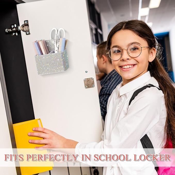 MotiMind AB Color Locker Accessories for Girls, Bling Magnetic Pen Holder for Refrigerator, Back to School Rhinestone Marker Holder for Locker, Sparkly Gift for Student (Medium,Rhinestone)