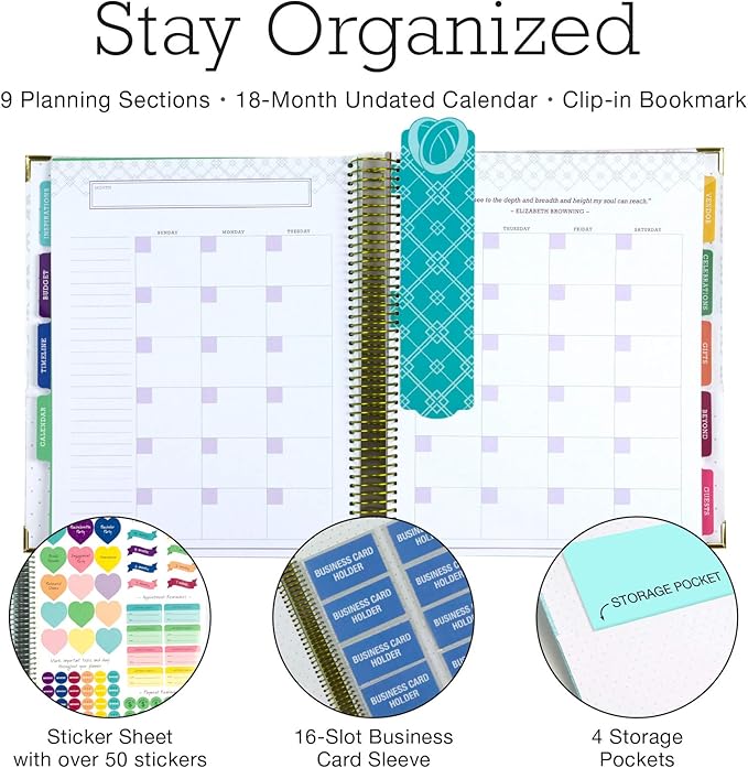 Global Printed Products Wedding Planner 9x11 Hardcover Organizer, Bookmark, Planning Stickers, Business Card Holder, and Pocket Folders